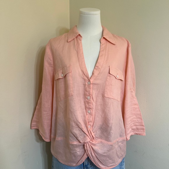 INC International Concepts Tops - INC International Concepts Peach Pink 100% Linen Twist Front Roll Tab Blouse L